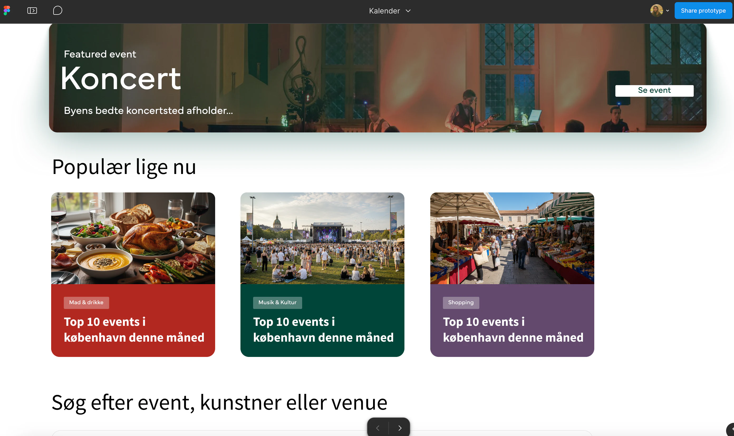 Eventkalender med featured event, kort og søgefelt