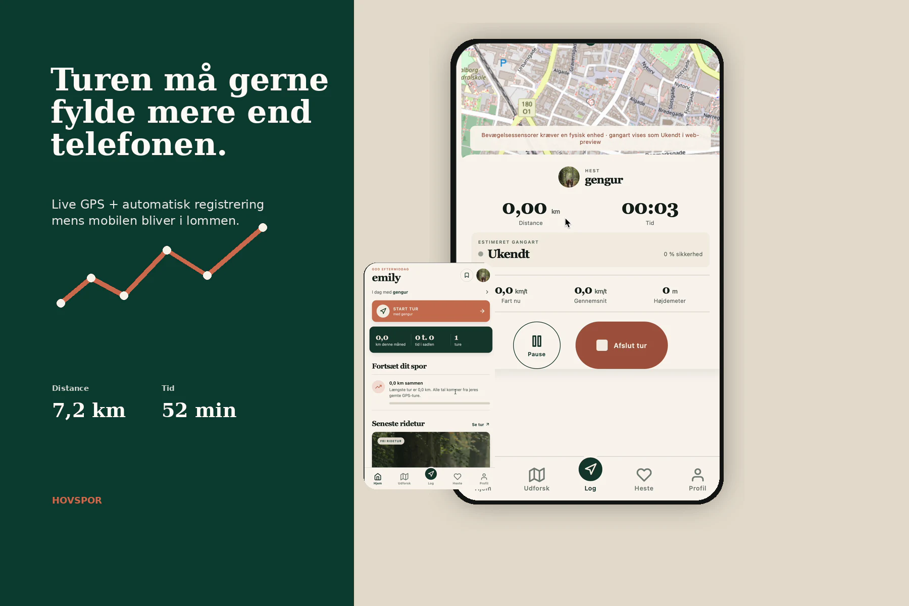 Hovspor live GPS-visning med distance, tid og estimeret gangart